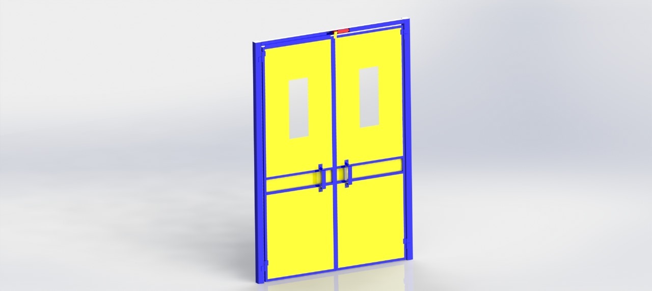 Porta dupla amarela com moldura azul